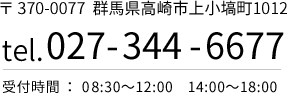 〒 370-0077 群馬県高崎市上小塙町1012 tel.027-344-6677 open : 09:00~12:00 14:30~18:00